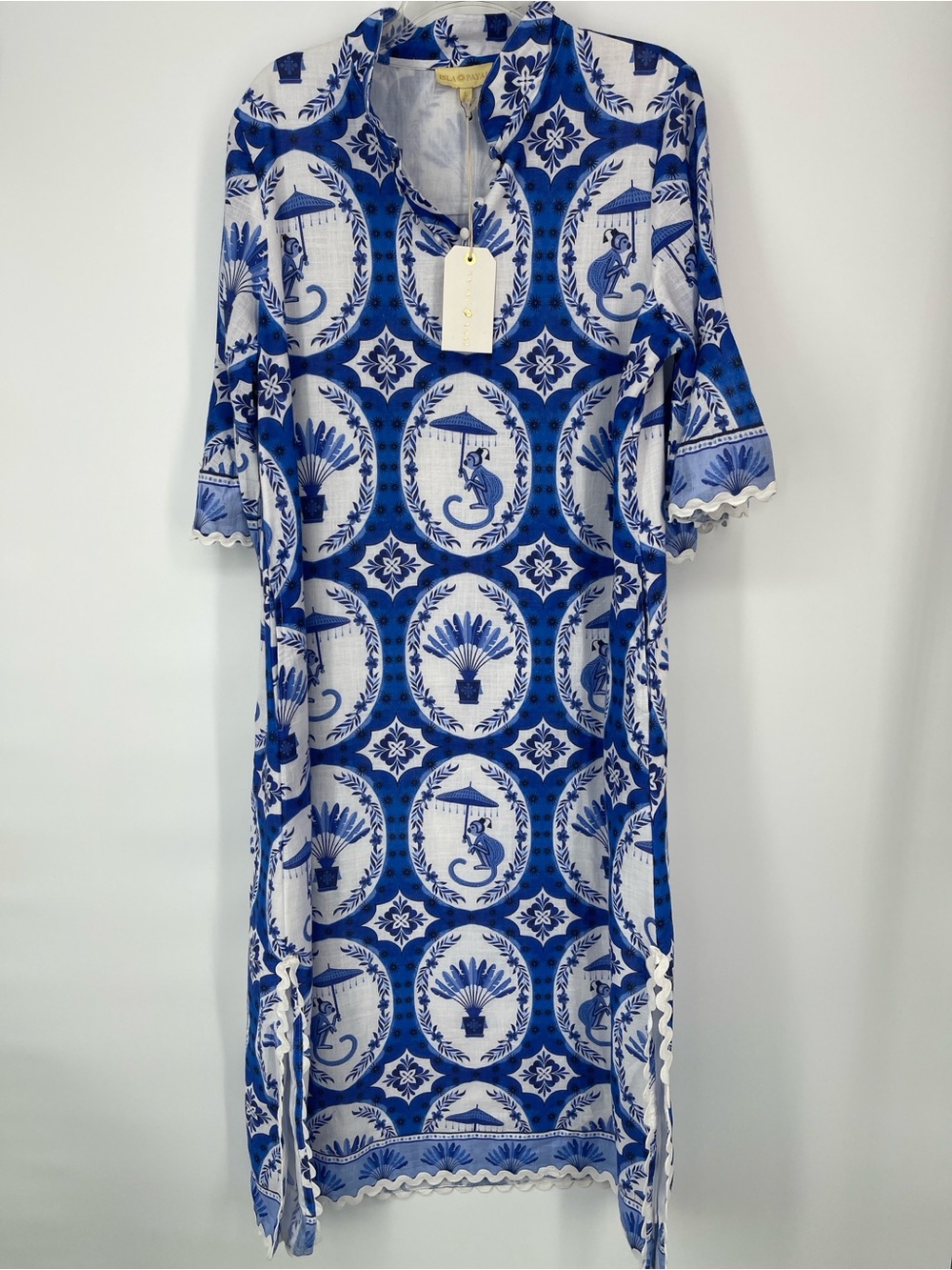 NWT IslaPayal Como Blue Cotton Monkey Print Tunic Dress L Resort Caftan Coastal - Picture 2 of 15